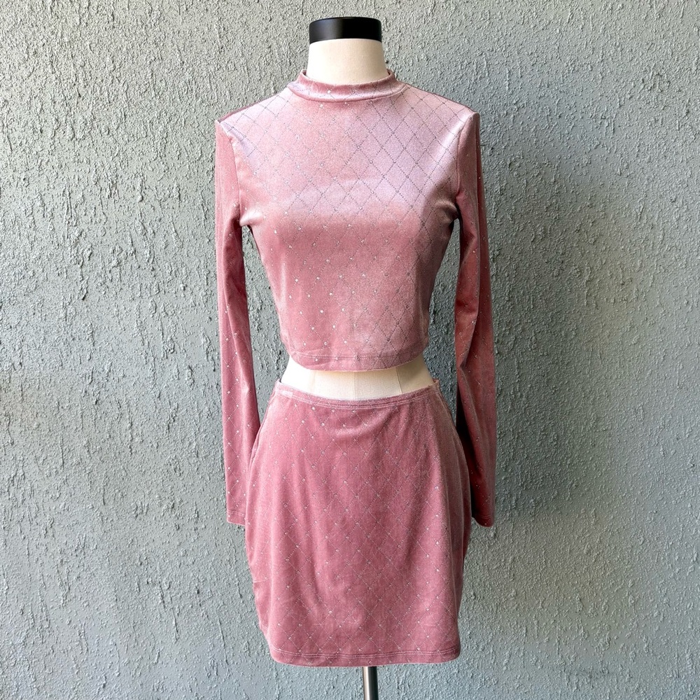 Trixxi Clothing Company Pink Cropped Long Sleeve Shirt Skirt Cute Two Piece Set